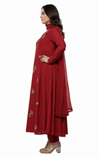 Solid Red Gold Embroidered silk kurti palazzo with dupatta