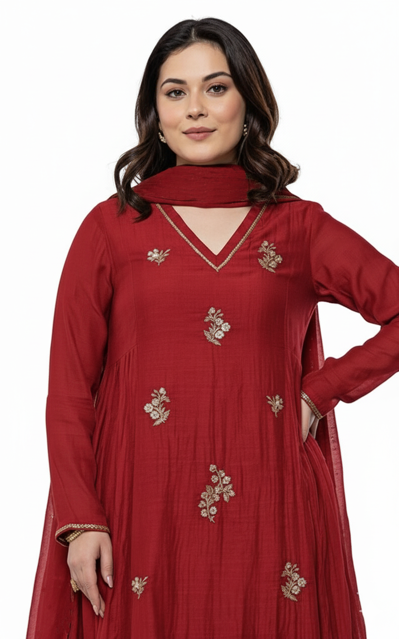 Solid Red Gold Embroidered silk kurti palazzo with dupatta
