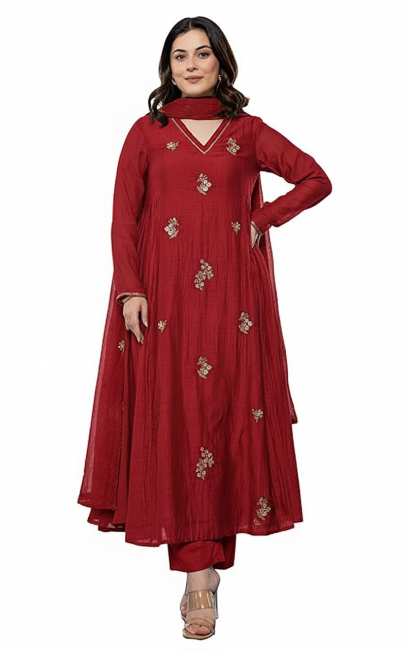 Solid Red Gold Embroidered silk kurti palazzo with dupatta