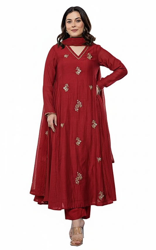 Solid Red Gold Embroidered silk kurti palazzo with dupatta