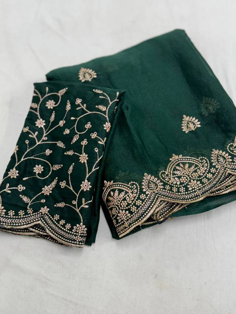 Solid Gold Zari Embroidered Georgette Sarees with Running blouse piece