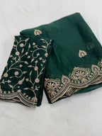 Solid Gold Zari Embroidered Georgette Sarees with Running blouse piece