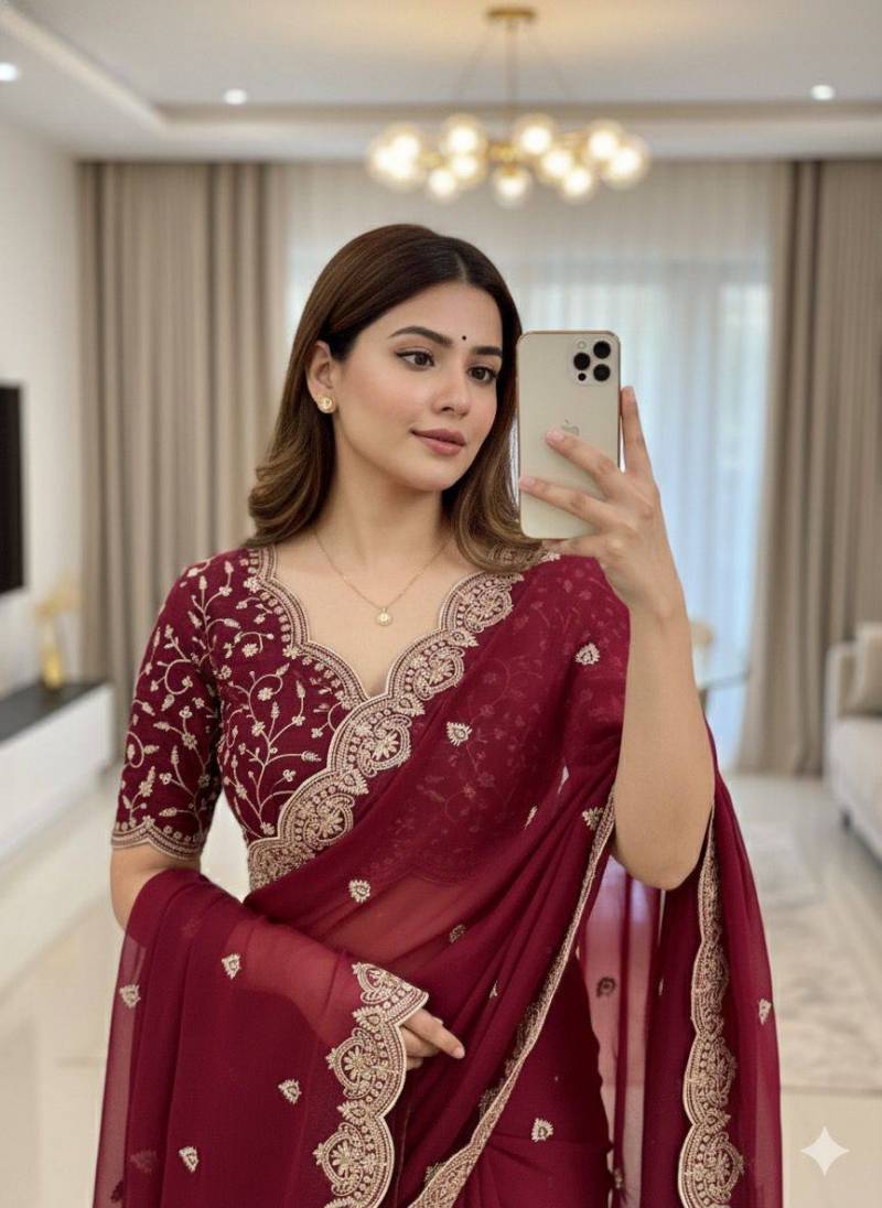 Solid Gold Zari Embroidered Georgette Sarees with Running blouse piece