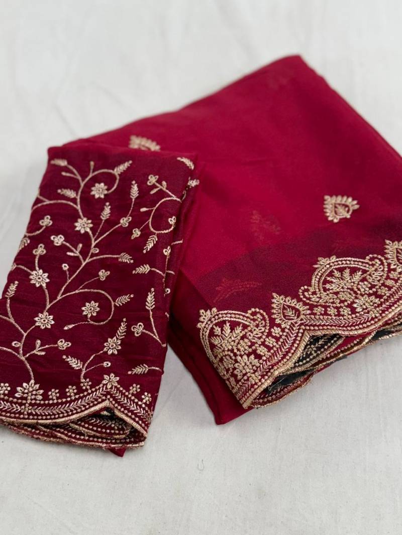 Solid Gold Zari Embroidered Georgette Sarees with Running blouse piece