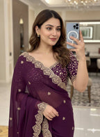 Solid Gold Zari Embroidered Georgette Sarees with Running blouse piece