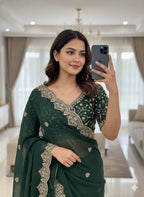 Solid Gold Zari Embroidered Georgette Sarees with Running blouse piece