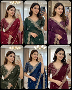 Solid Gold Zari Embroidered Georgette Sarees with Running blouse piece