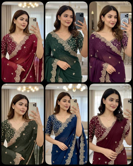 Solid Gold Zari Embroidered Georgette Sarees with Running blouse piece