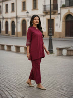 Maroon Hand embroidered Poly Viscose Co-Ord set