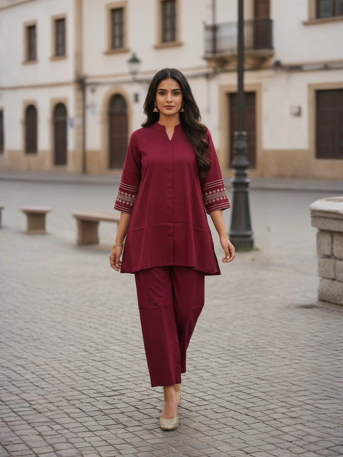 Maroon Hand embroidered Poly Viscose Co-Ord set