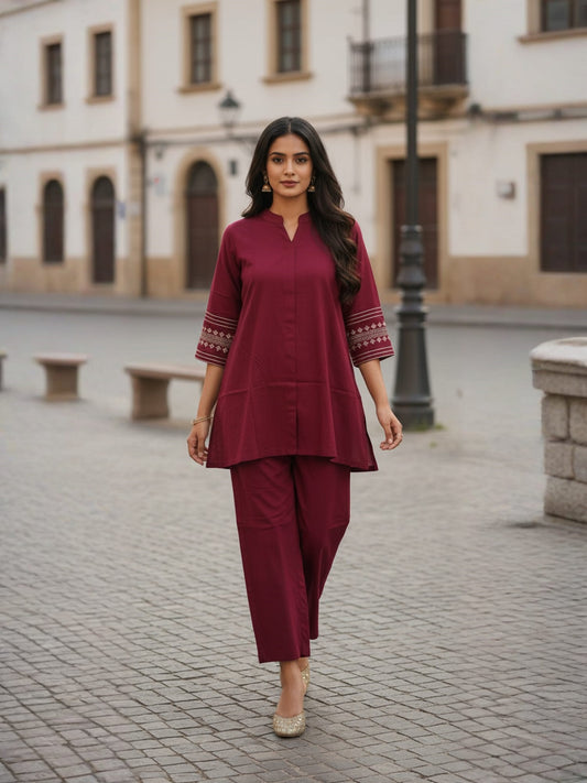 Maroon Hand embroidered Poly Viscose Co-Ord set