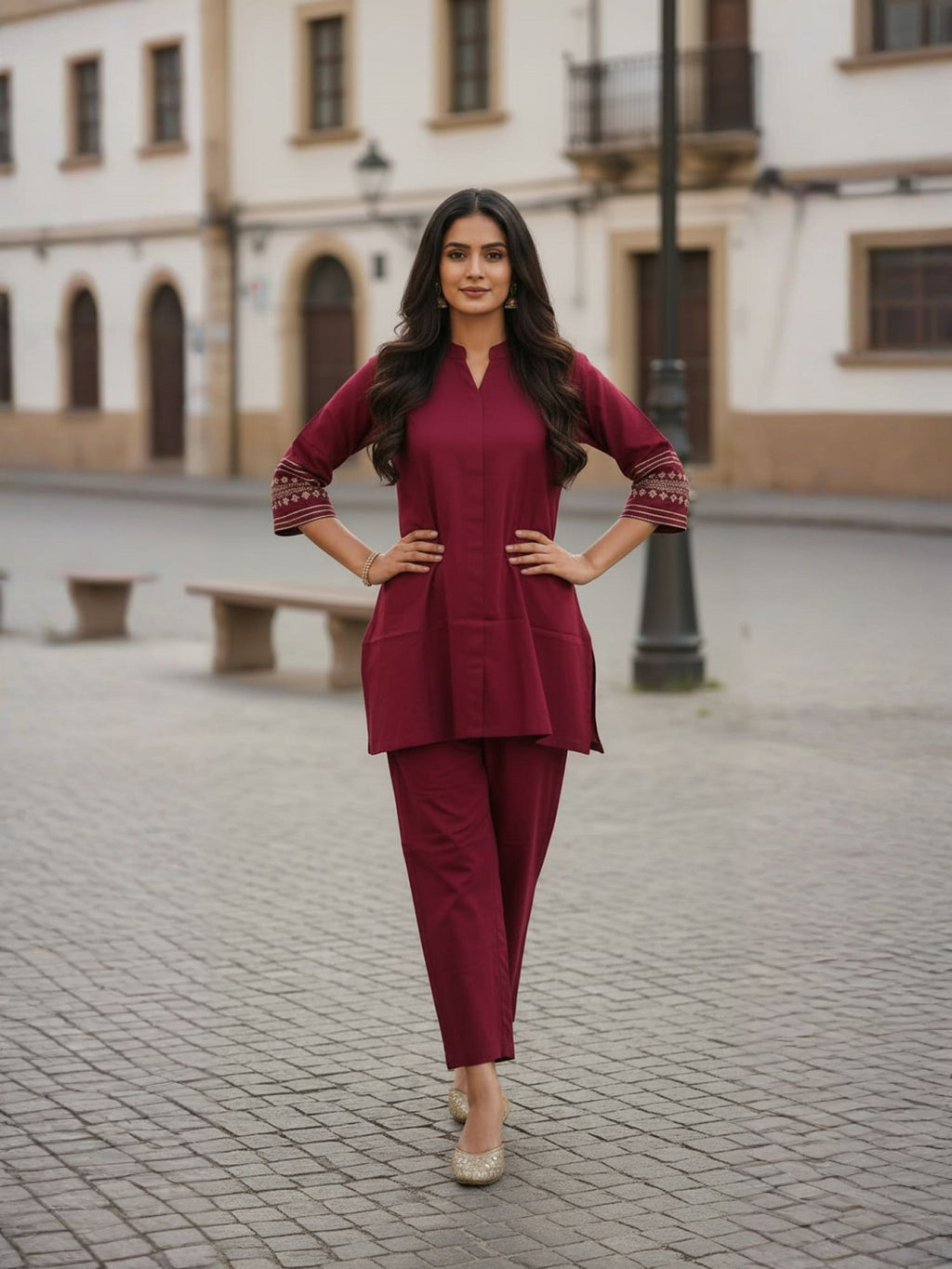 Maroon Hand embroidered Poly Viscose Co-Ord set
