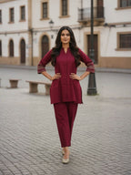 Maroon Hand embroidered Poly Viscose Co-Ord set