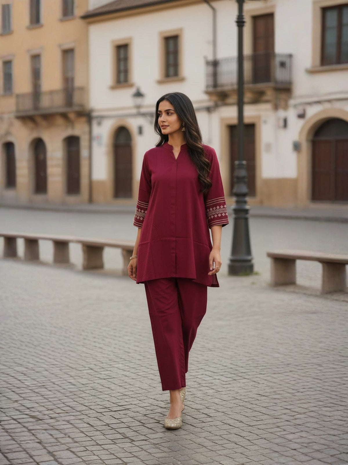 Maroon Hand embroidered Poly Viscose Co-Ord set