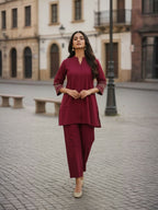Maroon Hand embroidered Poly Viscose Co-Ord set