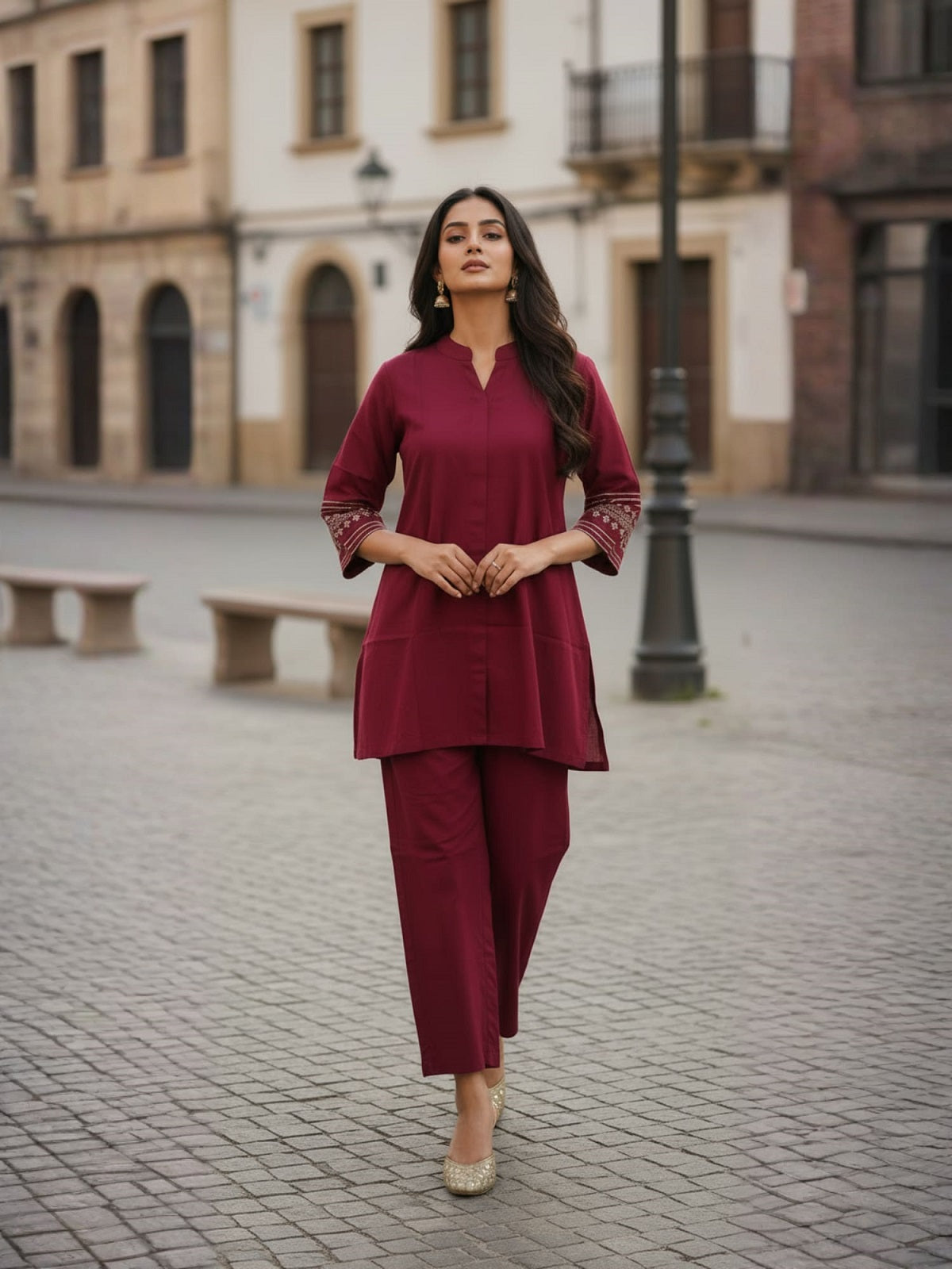 Maroon Hand embroidered Poly Viscose Co-Ord set