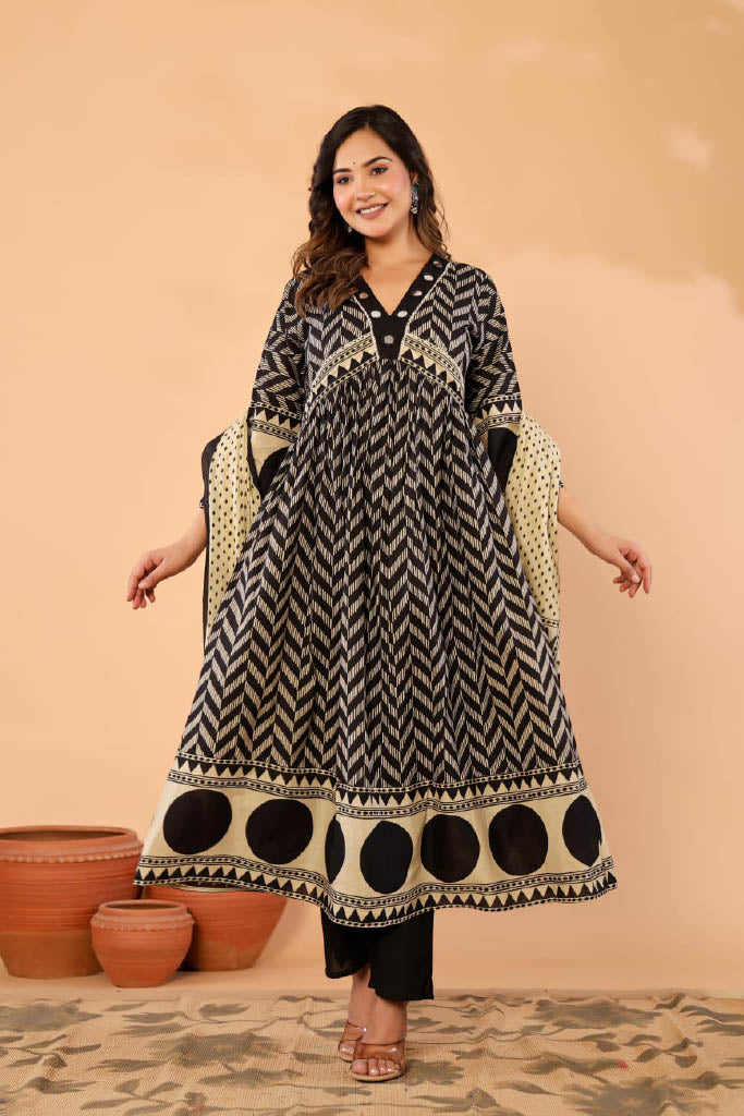 Black Printed Mirror Embroidered Pure Cotton 3Pcs Kurti Set