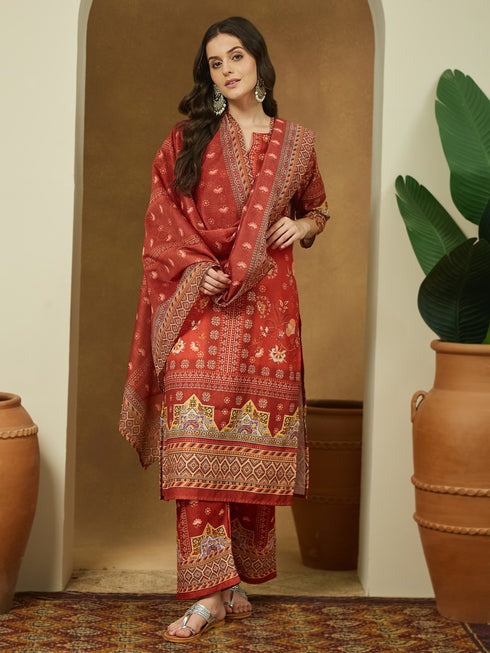 Rust Orange Printed cotton blend Kurti Set
