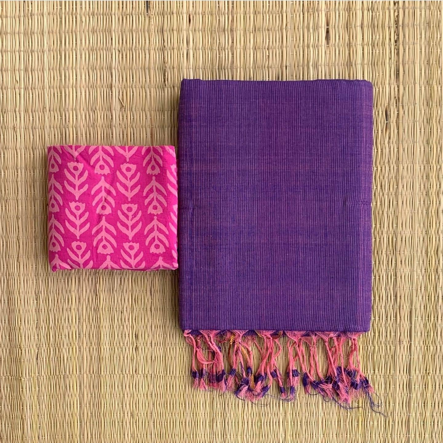 Solid Khadi cotton saree with contrast kalamkari/ajrak blouse piece