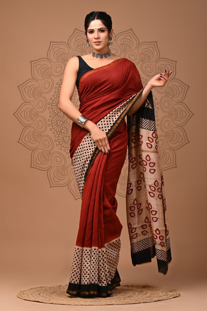 Bagru Printed Maroon Pure Chanderi Silk Saree