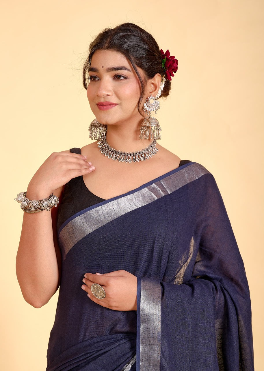 Navy Blue Linen Saree With Silver Border & Blue and white Tassels