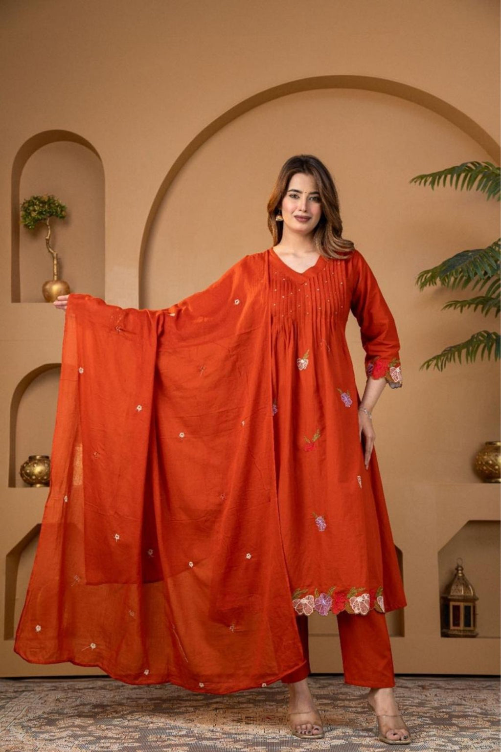 Rust Sequins & Embroidered Pure Cotton 3Pcs Kurti Set