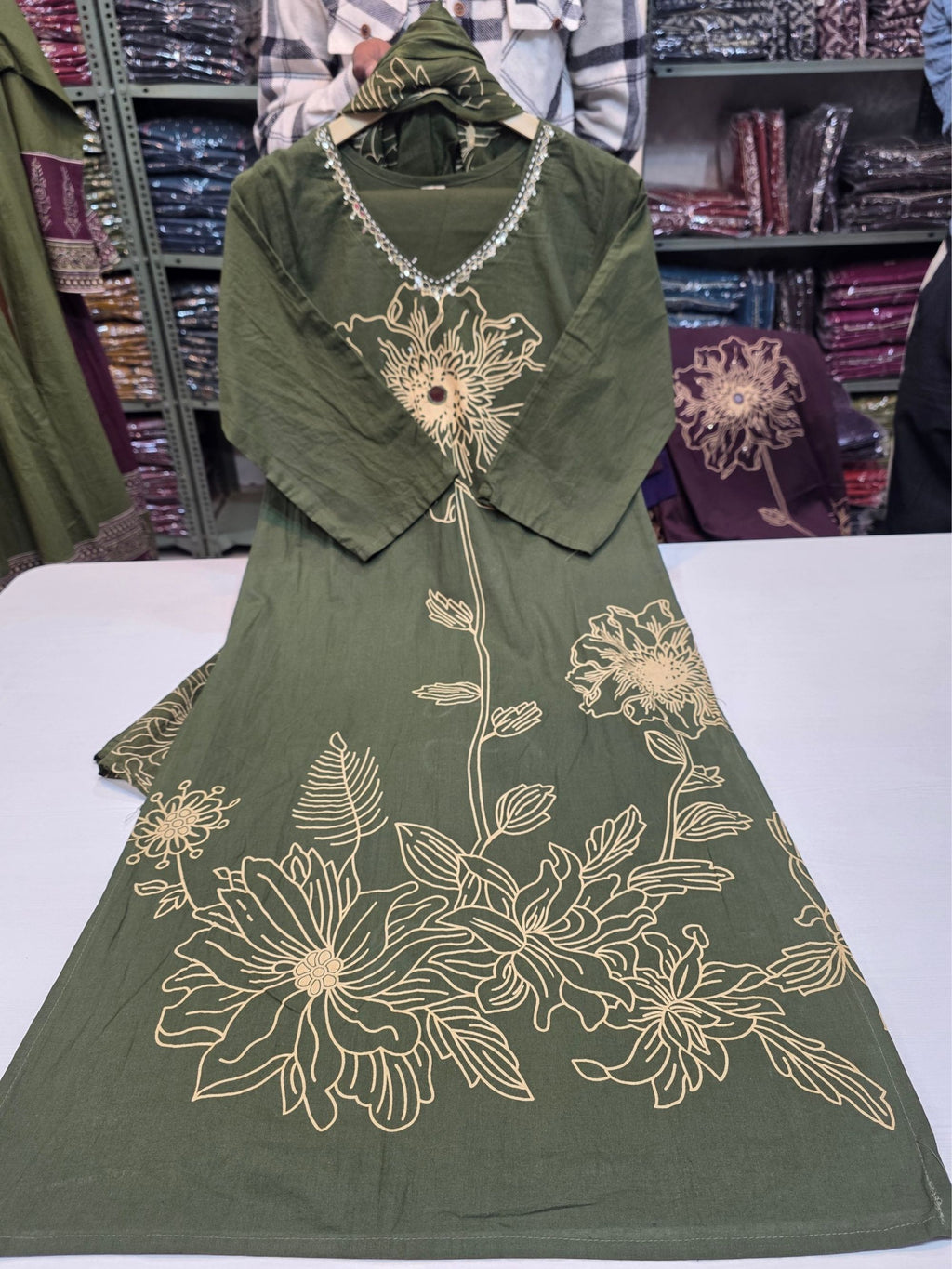 Printed Embroidered Cotton Kurti  Pants Set with Dupatta
