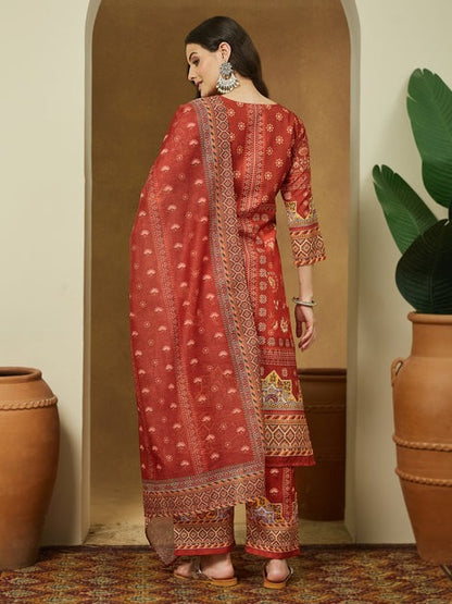Rust Orange Printed cotton blend Kurti Set