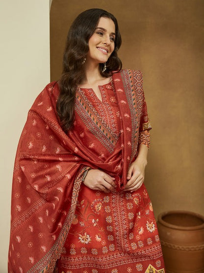 Rust Orange Printed cotton blend Kurti Set