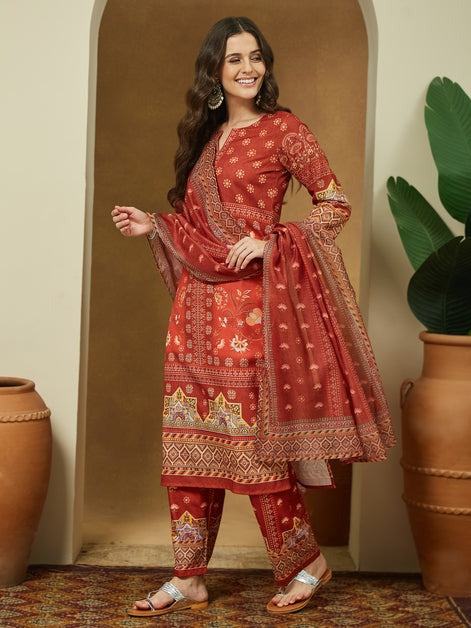 Rust Orange Printed cotton blend Kurti Set
