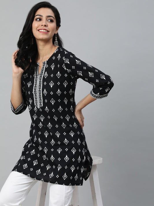 Black & White Printed Soft Cotton Short Kurti Top