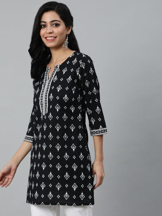 Black & White Printed Soft Cotton Short Kurti Top