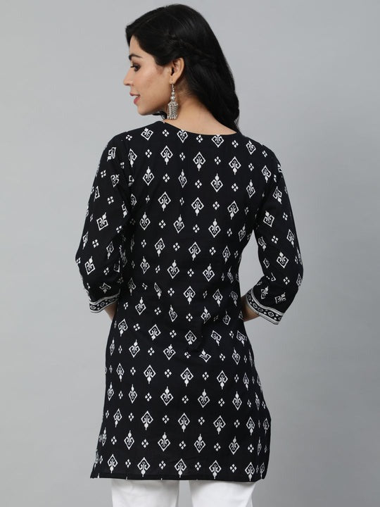 Black & White Printed Soft Cotton Short Kurti Top