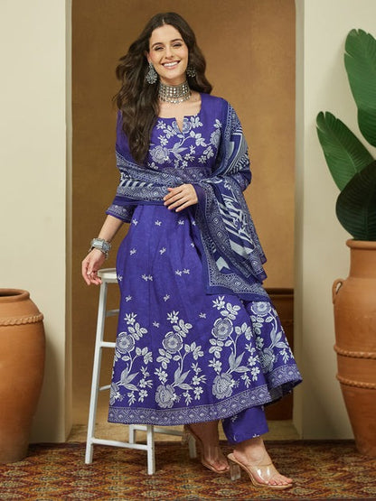 Purple Cotton Floral Printed Semi Flared kurti set