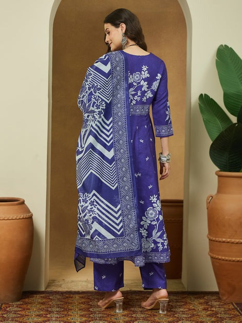 Purple Cotton Floral Printed Semi Flared kurti set