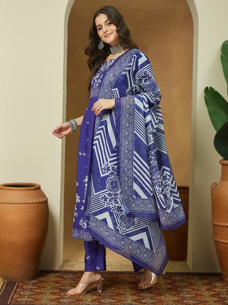 Purple Cotton Floral Printed Semi Flared kurti set