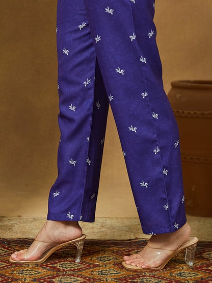 Purple Cotton Floral Printed Semi Flared kurti set