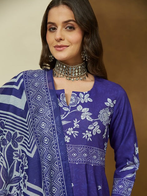 Purple Cotton Floral Printed Semi Flared kurti set