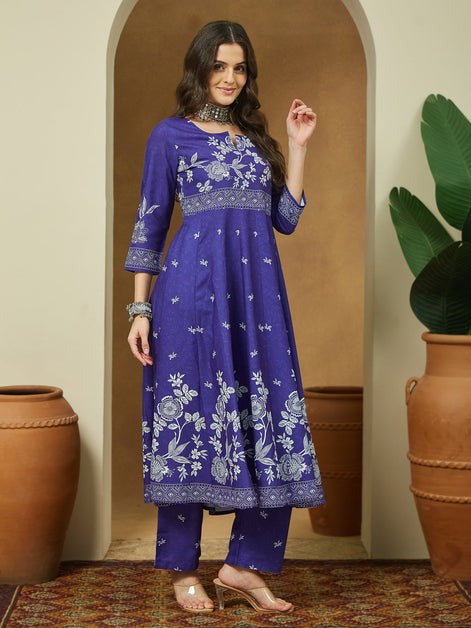Purple Cotton Floral Printed Semi Flared kurti set