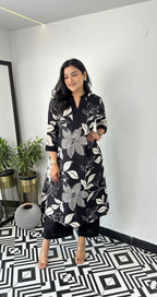 Black White Floral Printed Cotton Kurti Plazoo Set
