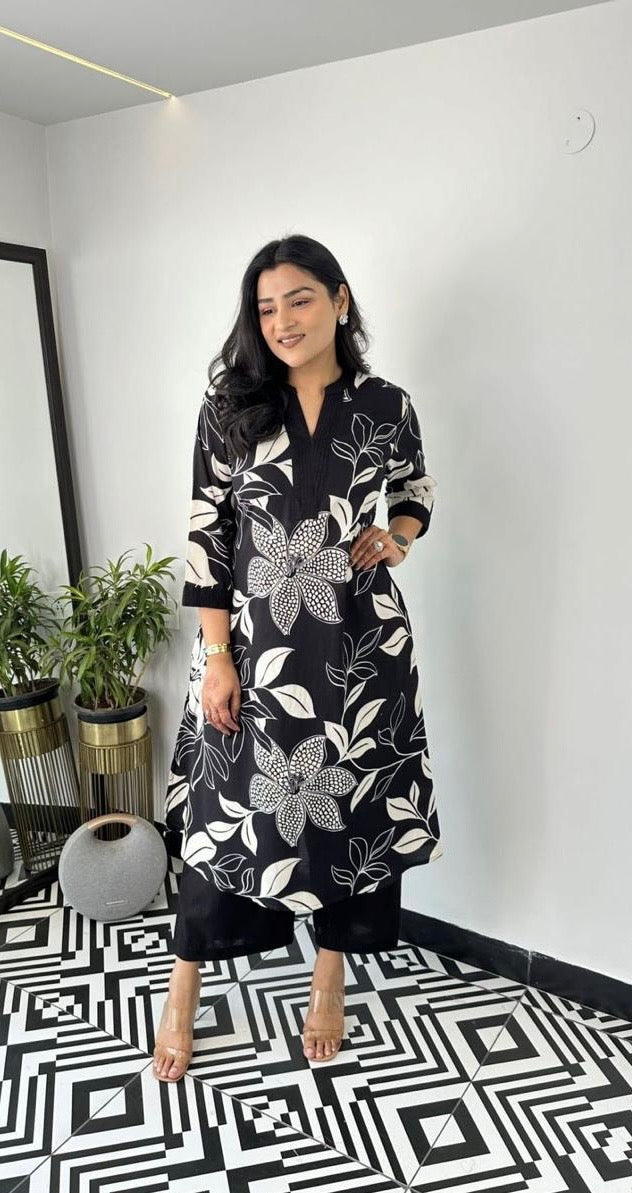Black White Floral Printed Cotton Kurti Plazoo Set