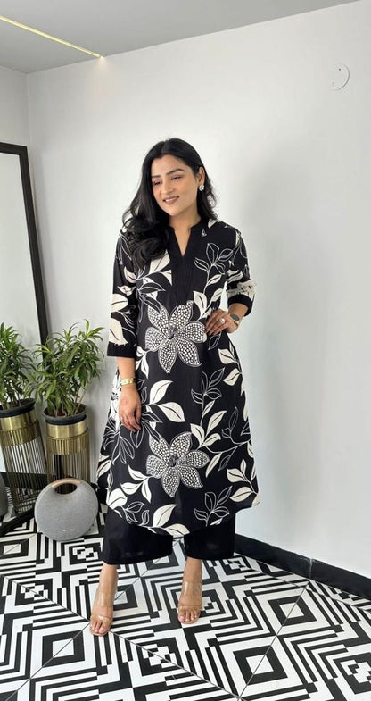Black White Floral Printed Printed Cotton Kurti Plazoo Set