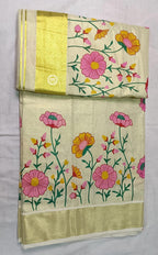 Floral Printed Kerala Tissue Cotton Saree with Zari Border