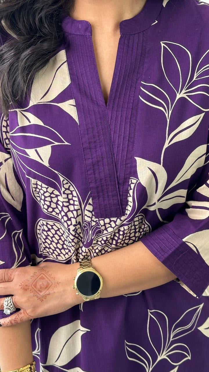 Purple & White Floral Printed  Cotton Kurti Plazoo Set