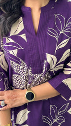 Purple & White Floral Printed  Cotton Kurti Plazoo Set
