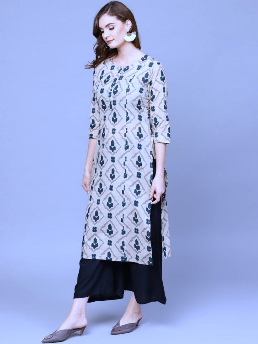 Grey Blue Printed Cotton Kurti Palazo Set (S-4XL)