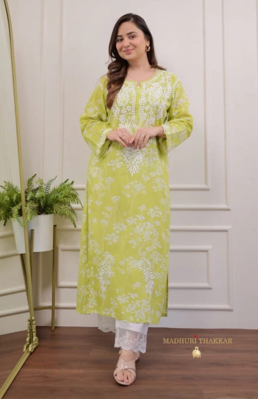 Pista & White Chikankari Kurta And Palazzo Set