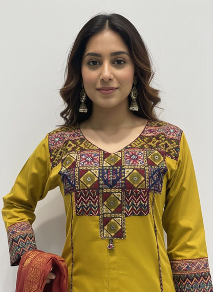 Mustrad Applique Embroidered Pure cotton Kurti Set