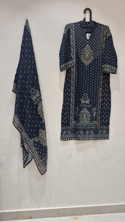Navy Blue Crepe Silk Hand embroidered kurti Set