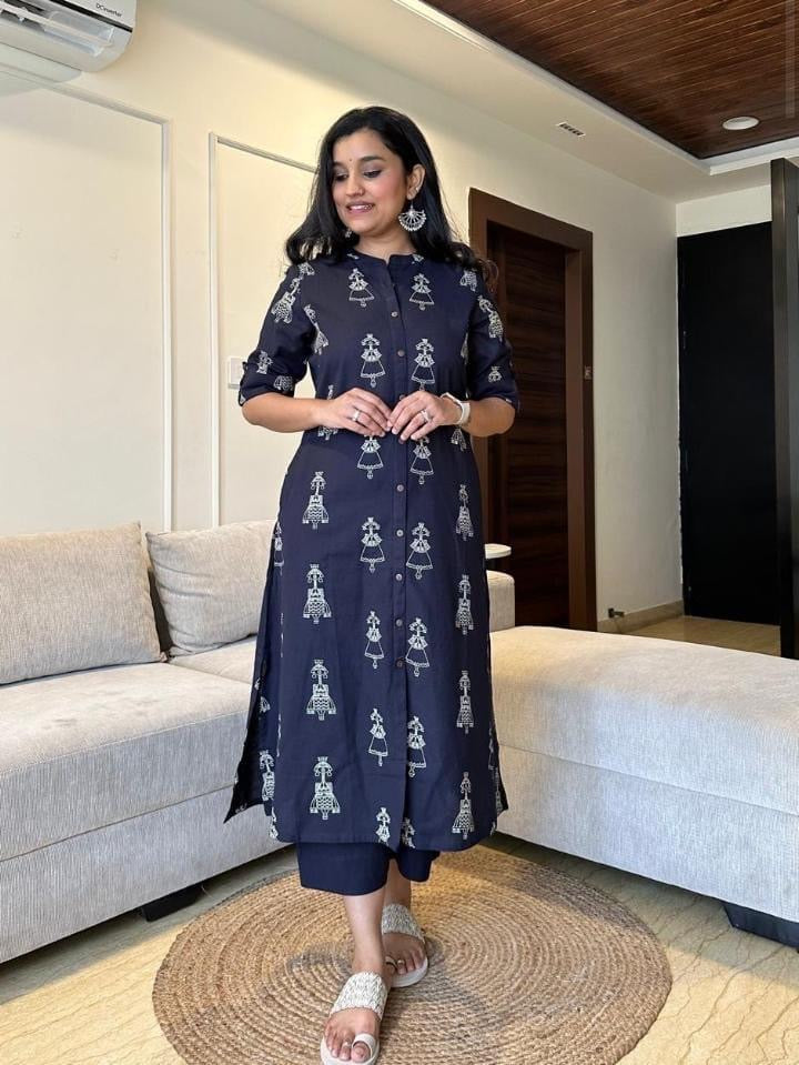 Navy Blue Printed Cotton Kurti Plazoo Set